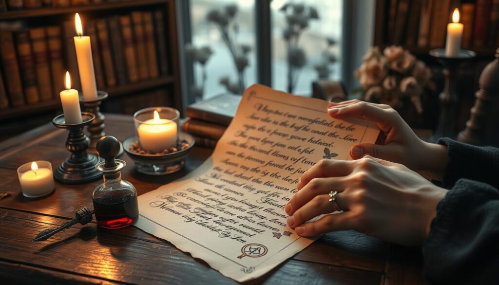 A beautifully arranged incantation petition lies on an antique wooden table, surrounded by softly glowing candles casting warm light across the scene. The parchment is elegantly handwritten with flowing script, adorned with mystical symbols and delicate floral illustrations. In the foreground, a pair of hands—elegantly manicured and wearing modest silver rings—gently holds the parchment, while a crystal vial filled with deep red liquid reflects the candlelight. The middle ground features an ornate, vintage quill pen beside a small bowl of herbs, hinting at the crafting process. In the background, shelves filled with ancient books and dried flowers create a mystical, enchanting atmosphere. The overall mood is serene, inviting, and focused, ideal for encapsulating the essence of love spells and heartfelt intentions.