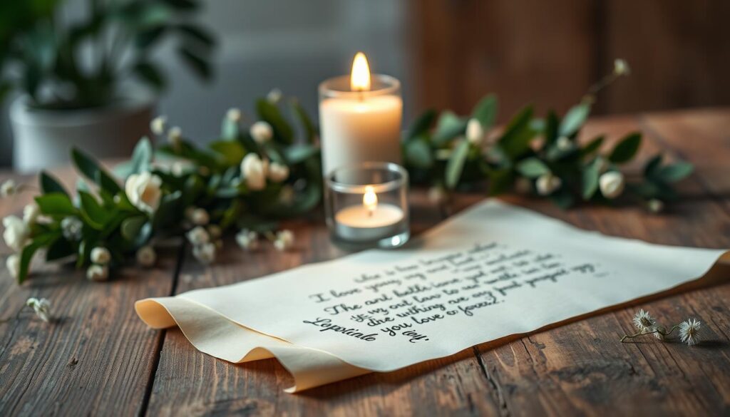A beautifully arranged intention petition paper on a rustic wooden table, with delicate floral decorations surrounding it. In the foreground, the parchment is elegantly rolled, adorned with intricate calligraphy that invokes a sense of love and deep emotional connection. In the middle, a small glass candle burns softly, casting a warm, gentle light that illuminates the paper, enhancing the serene atmosphere. The background features a slightly blurred view of lush green plants, adding a natural touch that suggests harmony. The overall mood is peaceful and reflective, encouraging a sense of focus and intention. Soft, diffused lighting enhances the clarity of the elements, captured from a slightly elevated angle to showcase the entire arrangement beautifully.