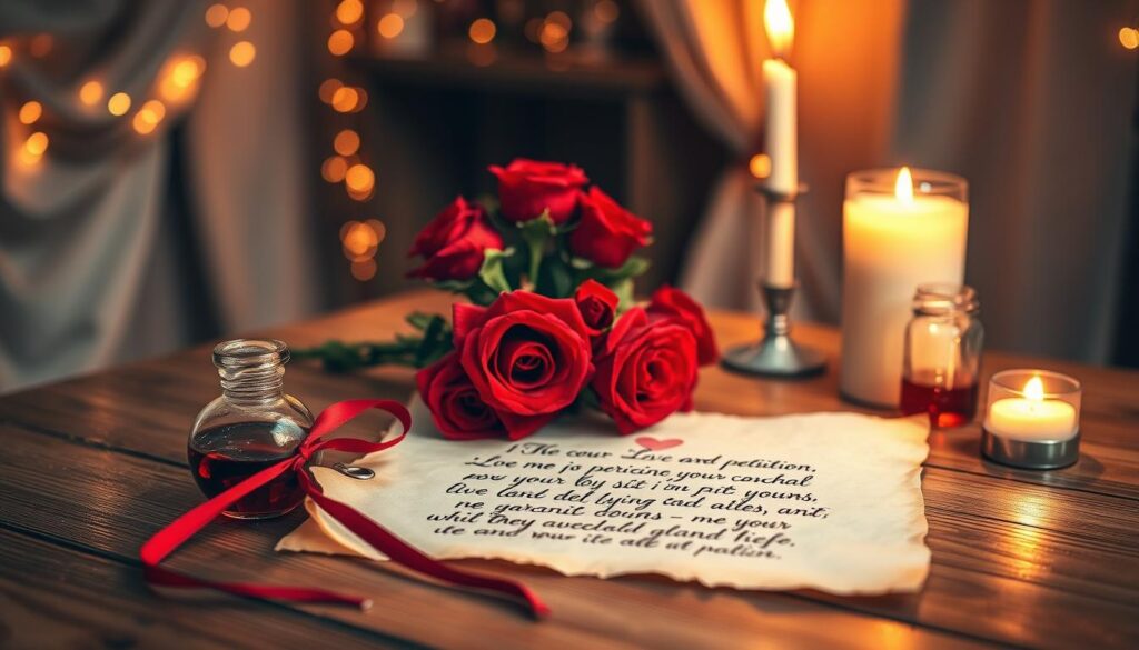 A beautifully arranged love petition on a wooden table, surrounded by soft, flickering candlelight. In the foreground, a delicate parchment scroll, tied with a red ribbon, features elegant, hand-written text expressing heartfelt emotions. A small crystal vial filled with red potion rests beside it, symbolizing love magic. In the middle, a charming bouquet of red roses, their petals glistening with droplets of dew, adds a romantic touch. The background features a softly blurred, warm-toned room setting, adorned with fairy lights and soft drapery, enhancing the enchanting atmosphere. The overall mood is intimate and magical, evoking feelings of love and longing, captured with warm, soft lighting to create a serene and inviting scene.