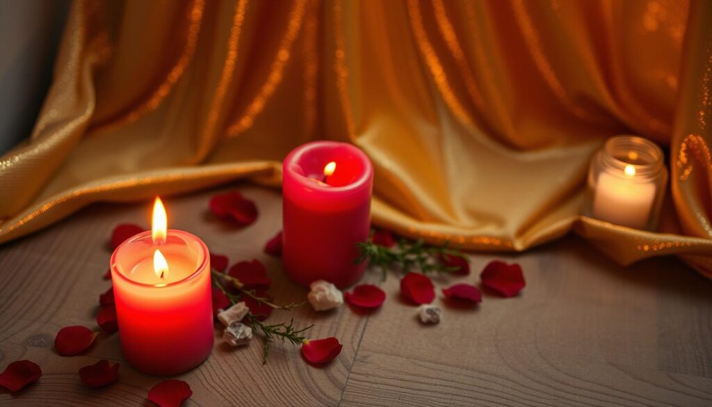 A beautifully arranged love spell candle, glowing softly in the foreground, radiating shades of deep red and pink. The candle is delicately adorned with herbs and crystals, each carefully placed to enhance its magical allure. Surrounding the candle, a scattering of rose petals adds a romantic touch. In the middle ground, an antique wooden table with gentle grain texture complements the scene, while a shimmering golden cloth drapes elegantly in the background, catching the warm candlelight. Soft, ambient lighting creates a serene and inviting atmosphere, reminiscent of a cozy, intimate space perfect for manifesting love. The scene is captured from a slightly overhead angle, focusing on the candle's enchanting details, inviting viewers into its magical essence. The mood is peaceful and hopeful, reflecting a sense of attraction and positivity.