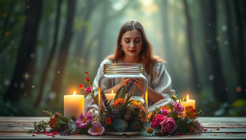 A beautifully arranged love spell jar sits prominently in the foreground, filled with vibrant herbs, glittering crystals, and warm candlelight reflecting off the glass. Delicate floral motifs encircle the jar, symbolizing intention and attraction. In the middle ground, a serene Caucasian figure in modest, flowing attire gently cradles the jar, their expression radiating warmth and hopefulness. Soft, ethereal lighting bathes the scene, creating a magical atmosphere filled with shimmering dust motes. The background features a softly blurred enchanted forest, suggesting a connection to nature and the mystical. The overall mood is inviting and peaceful, capturing the essence of love and intent in ritual practice, encouraging viewers to embody love and maintain its magic.