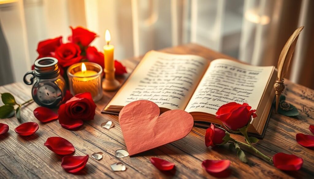 A beautifully arranged love spell scene focused on a paper petition. In the foreground, a delicate, folded paper heart rests atop a rustic wooden table, embellished with a soft, glowing candle beside it. Scattered around are vibrant rose petals, symbolizing love and passion. The middle ground features an open journal with elegant handwriting detailing love spells, paired with a quill pen and an inkpot, exuding a sense of mystique. In the background, softly blurred, a warm, ambient light filters through sheer curtains, creating a dreamy atmosphere. Soft shadows play across the table, enhancing the intimate mood of romantic enchantment. The overall color palette includes shades of red, gold, and cream, inviting feelings of warmth and hope, ideal for a love-themed guide.