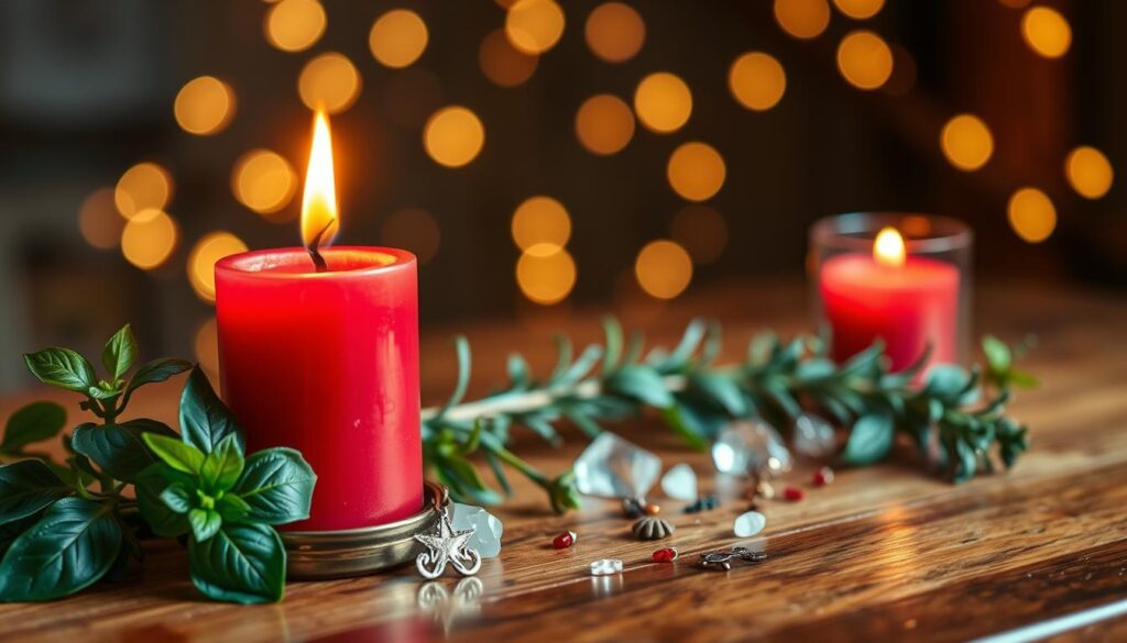 A beautifully arranged love spell setup featuring a vibrant red candle, symbolizing passion and romance, in the foreground. The candle is placed on an elegant wooden table, surrounded by fresh green herbs like basil and rosemary, adding an earthy touch. In the middle ground, small crystals and symbolic charms scatter elegantly around the candle, contributing to the mystical ambiance. The background features soft, blurred fairy lights that emit a warm glow, enhancing the magical atmosphere. The lighting is warm and inviting, casting gentle shadows and creating a sense of intimacy. The image should evoke feelings of love and enchantment, perfect for guiding someone in their romantic pursuits.