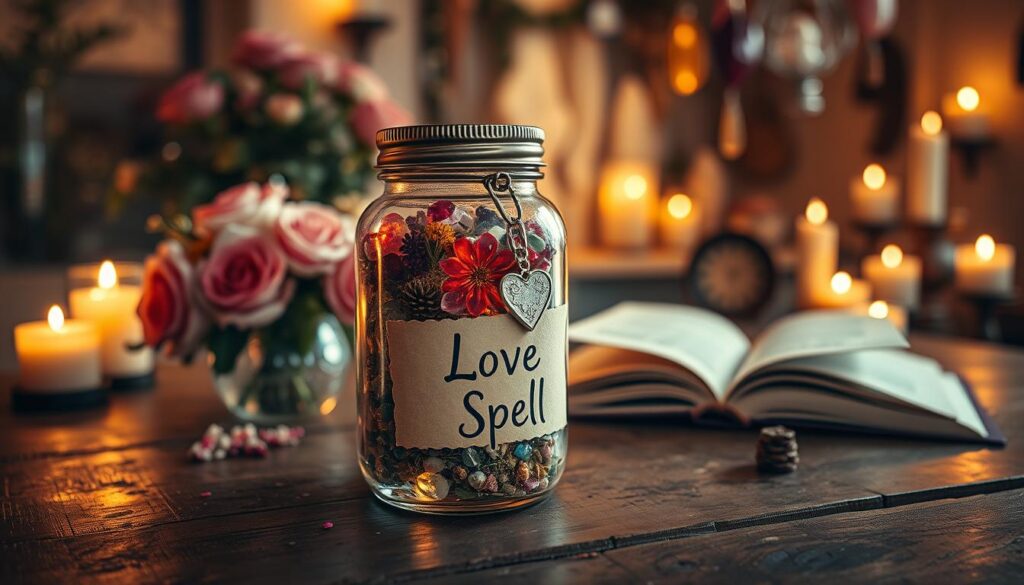 A beautifully arranged personalized spell jar sits in the foreground on a rustic wooden table, adorned with glowing candlelight. The jar is filled with vibrant layers of colored crystals, dried flowers, and delicate herbs, with a heart-shaped charm attached to its neck, symbolizing love. The label on the jar reads "Love Spell," artistically hand-written, but no text is visible. In the middle ground, soft-focus elements like a fresh bouquet of roses and an open spell book create a mystical ambiance. The background fades into a softly lit room filled with mystical decor, like hanging crystals and candles, creating a warm and inviting atmosphere. The scene is bathed in golden, warm lighting, captured at eye level with a slight bokeh effect to enhance the enchanting mood.