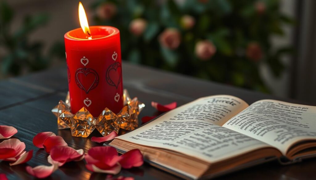 A beautifully arranged red candle sits at the center of a dark wooden table, surrounded by shimmering crystals that reflect the candlelight. The candle is intricately designed with symbols of love and attraction, emitting a warm, inviting glow. In the foreground, delicate rose petals are scatter, adding a touch of romance. In the middle ground, a well-worn spell book is partially opened, revealing pages filled with handwritten love spells in elegant calligraphy. The background features soft, blurred greenery, creating a serene and magical atmosphere. The lighting is warm and soft, casting gentle shadows and creating a mystical ambiance. Set the scene from a slightly elevated angle to capture both the candle and the spell book, emphasizing the allure of the red candle attraction spell.