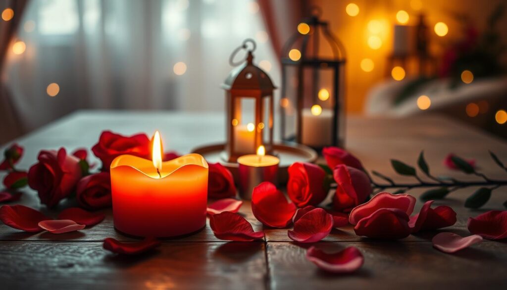 A beautifully arranged romantic soy candle, softly glowing in a dimly lit setting. The foreground features an elegantly crafted heart-shaped candle, its wax gently illuminated, casting warm light. Surrounding it are delicate rose petals in vibrant reds and soft pinks, adding a touch of nature. In the middle, a chic wooden table is adorned with subtle, elegant decorations like a small, vintage lantern and twinkling fairy lights that softly illuminate the scene. The background showcases a cozy, softly glowing ambient light, suggesting a sumptuous evening atmosphere. The composition is captured from a slight overhead angle to emphasize the candle and its romantic ambiance. The overall mood is warm, inviting, and intimate, perfect for a serene romantic night.