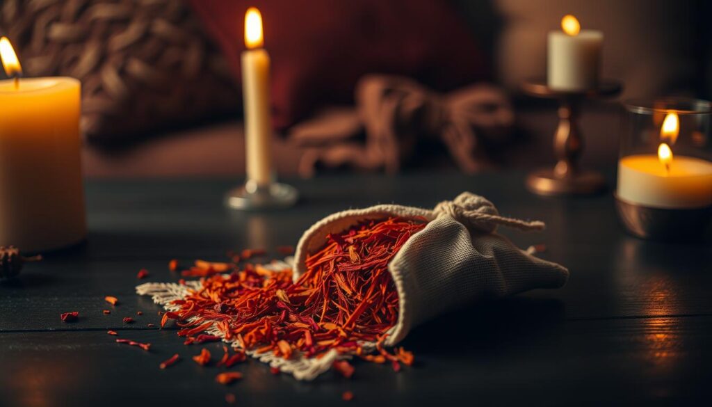 A beautifully arranged saffron sachet, filled with rich, vibrant orange and red strands, lies elegantly on a dark wooden table. Surrounding the sachet are softly glowing candles in varying heights, their warm golden light casting gentle shadows. In the background, a blurred yet inviting atmosphere figures a cozy, softly lit room with plush textiles in earthy tones. The focus is on the sachet, with a slight overhead angle to capture the texture of the saffron and the flickering candlelight. The mood is intimate and enchanting, evoking a sense of warmth and connection. Emphasize the rich colors and textures, ensuring the entire scene feels inviting and magical without distractions.