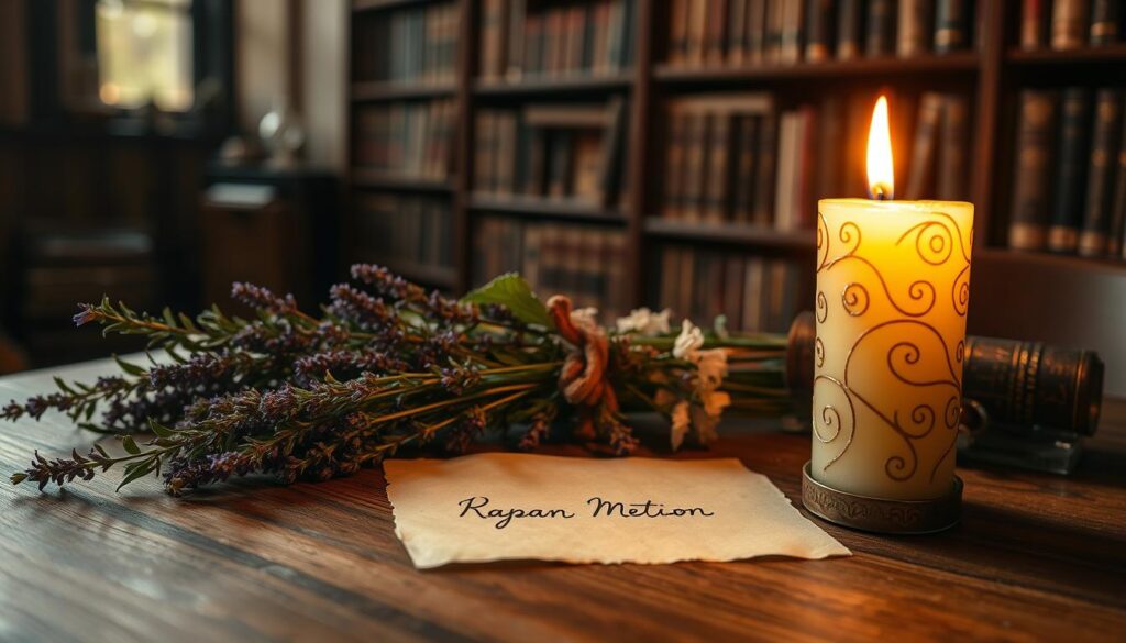A beautifully arranged scene featuring a lit candle in the foreground, flickering softly with a warm, golden glow. The candle is intricately designed, with swirling patterns on its surface. Next to it, a handwritten name on a small piece of parchment lies gracefully on a wooden table, the ink shimmering slightly as though infused with magic. In the middle ground, lush, vibrant herbs and flowers, like lavender and rosemary, are scattered to symbolize intention and love. The background fades into a softly blurred realm of dimly lit bookshelves filled with mystical volumes, enhancing the enchanting atmosphere. The lighting is warm and inviting, casting gentle shadows. The overall mood is serene and contemplative, perfect for a spell-casting moment.