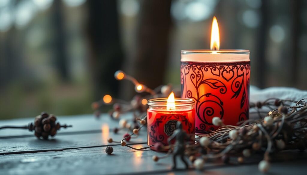 A beautifully arranged scene featuring a softly glowing candle, its warm light illuminating delicate hair charms intertwined nearby. The foreground showcases an intricately designed candle with rich colors, surrounded by small glimmers of hair charms made of fine threads and subtly adorned with nature-inspired motifs. In the middle ground, a gentle, inviting ambiance is created with soft shadows and reflective surfaces that enhance the magical feeling of the scene. The background includes a blurred, mystical forest that adds depth and enchantment to the image. The overall mood is serene and alluring, evoking connection and attraction. The lighting should be warm and inviting, with a shallow depth of field to focus on the candle and hair charm, while maintaining a dreamlike aesthetic suitable for a love spell theme. A beautifully arranged scene featuring a softly glowing candle, its warm light illuminating delicate hair charms intertwined nearby. The foreground showcases an intricately designed candle with rich colors, surrounded by small glimmers of hair charms made of fine threads and subtly adorned with nature-inspired motifs. In the middle ground, a gentle, inviting ambiance is created with soft shadows and reflective surfaces that enhance the magical feeling of the scene. The background includes a blurred, mystical forest that adds depth and enchantment to the image. The overall mood is serene and alluring, evoking connection and attraction. The lighting should be warm and inviting, with a shallow depth of field to focus on the candle and hair charm, while maintaining a dreamlike aesthetic suitable for a love spell theme.