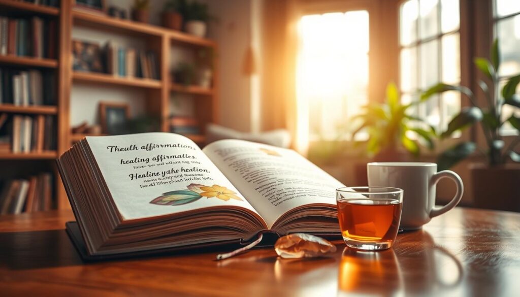 A beautifully arranged scene featuring an open book with vibrant pages displaying healing affirmations. The foreground showcases the book resting on a polished wooden table, adorned with a delicate crystal, and a soothing cup of herbal tea beside it. In the middle ground, warm natural light filters through a nearby window, casting soft shadows and illuminating the book's illustrations. The background features a cozy nook with shelves filled with wellness literature and plants, creating an inviting atmosphere. The overall mood is serene and contemplative, emphasizing the importance of reading for personal growth. A shallow depth of field adds focus to the book while gently blurring the background, enhancing the sense of tranquility and reflection.