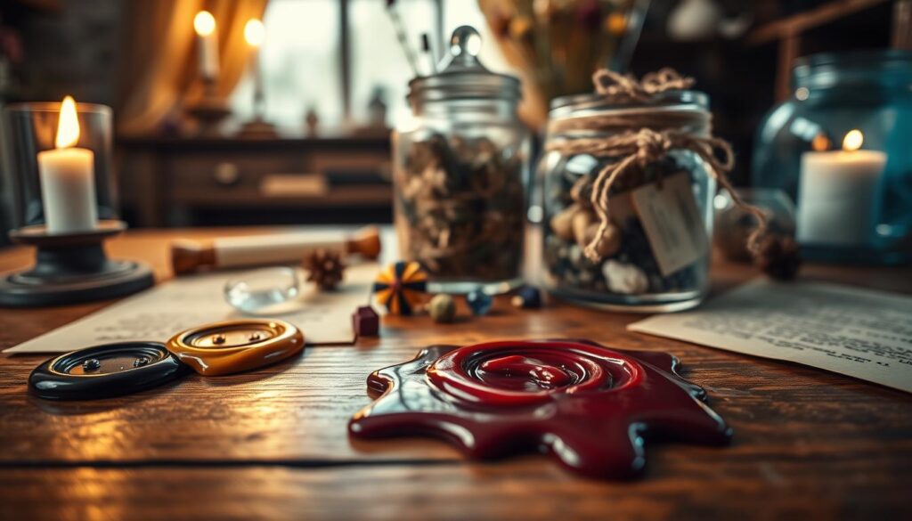 A beautifully arranged scene featuring sealing wax in various colors like deep crimson, gold, and elegant blue. In the foreground, a delicate, vintage wooden table is adorned with a melting wax seal, drips creating a glossy finish. Softly lit by warm candlelight, the scene creates an intimate, magical atmosphere. In the middle ground, two elegantly decorated jars, one with a polished glass finish and another adorned with twine, showcase various herbs and crystals spilling out. The background fades into soft shadows, hinting at a cozy, dimly lit room adorned with mystical decorations, such as dried flowers and parchment paper. Capture this enchanting moment from a top-down angle, highlighting the intricate details and textures, evoking a sense of wonder and romance.