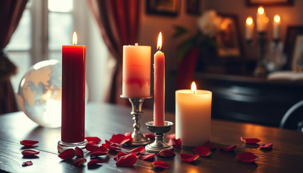 A beautifully arranged scene featuring three distinct candles, each set against an elegant, dark wooden table. In the foreground, the first candle is a deep red pillar, giving off a warm glow, surrounded by scattered rose petals. The second candle is a soft pink taper, elegantly placed in a vintage silver holder, casting delicate shadows. The third is a white votive candle, radiating a calming light. In the middle ground, a softly glowing crystal ball reflects the flickering candlelight, while the background is softly blurred, revealing hints of an ambient dimly lit room adorned with rich fabrics and mystical objects. The overall mood conveys romance and enchantment, with soft, ethereal lighting that enhances the captivating atmosphere of love and magic. The scene embodies the essence of a love spell ritual, inviting the viewer into a world of romance and possibility.