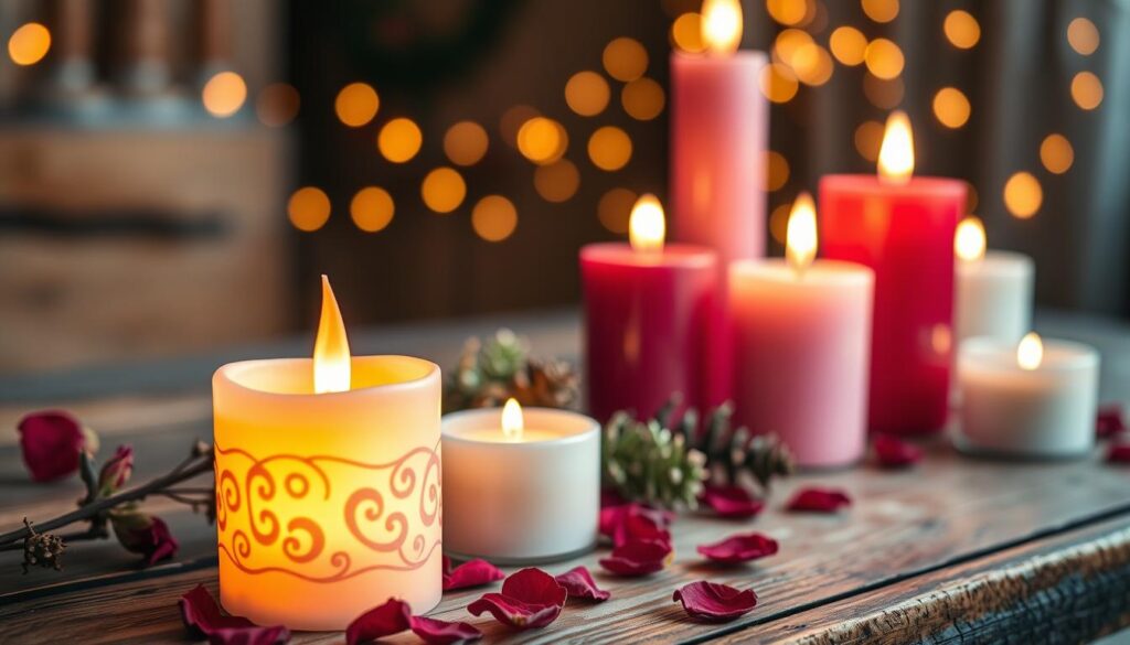 A beautifully arranged selection of candles, each in varying sizes and colors like deep red, soft pink, and pure white, placed on a rustic wooden table. The foreground features a soft-focus detail of a glowing candle with intricate designs carved into its wax, surrounded by dried rose petals and enchanting herbs. In the middle ground, a few more candles stand tall, their flames flickering gently, reflecting a warm, inviting light that casts soft shadows. The background showcases an ethereal atmosphere with blurred fairy lights that add a magical touch. The overall mood is romantic and mystical, illuminated by a soft golden glow, perfect for setting an enchanting scene for a love spell.