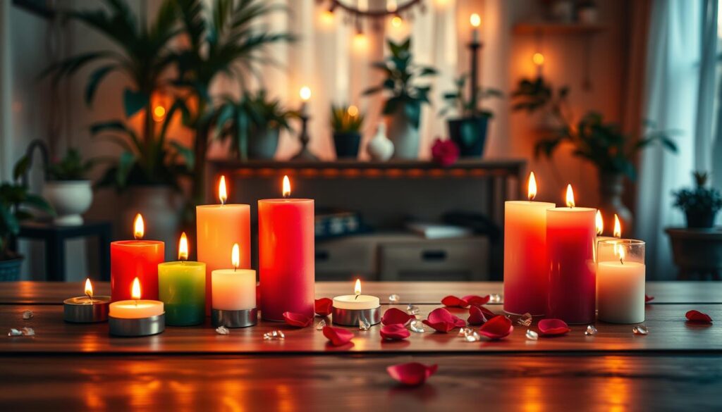 A beautifully arranged set of candles in different vibrant colors representing various meanings related to love magic. In the foreground, a collection of candles in shades of red, pink, white, and green is artistically lit, with their flickering flames casting warm, soft light. The middle layer features a polished wooden table surface adorned with delicate rose petals and small crystals, enhancing the magical atmosphere. The background showcases a softly blurred, dimly lit room filled with plants and mystical decorations, creating an enchanting environment. The lighting is warm and inviting, evoking a sense of romance and intention. A shallow depth of field focuses on the candles, while the overall composition conveys a sense of peace and love. The scene is devoid of any text or distractions, purely focusing on the beauty of the candles and their meanings.