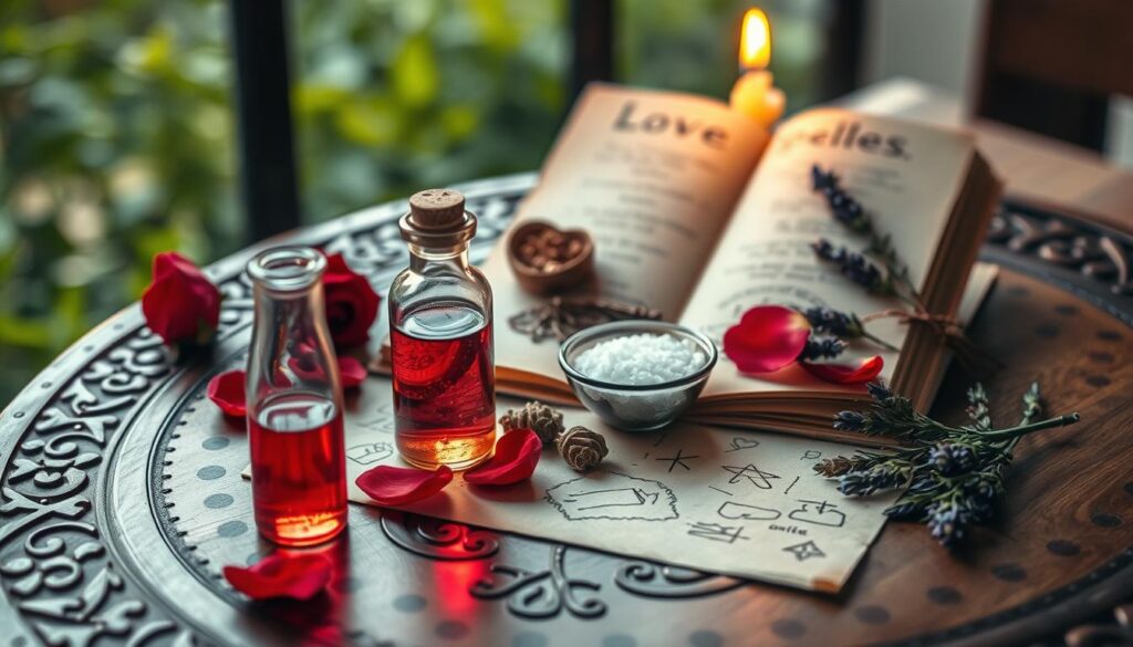 A beautifully arranged set of love spell materials on an intricately designed wooden table. In the foreground, a delicate crystal vial filled with shimmering red liquid catches the light, surrounded by fresh rose petals and a small bowl of sea salt. In the middle, an open spellbook displays hand-drawn symbols along with dried herbs like lavender and rosemary, their earthy colors complementing the setup. A flickering candle casts warm shadows, creating a mystical atmosphere. In the background, soft, blurred greenery suggests a serene outdoor setting, enhancing the enchanting feel. The image is well-lit to highlight the textures and colors of the materials, using a shallow depth of field to focus on the foreground elements, evoking a sense of magic and intention in the air.