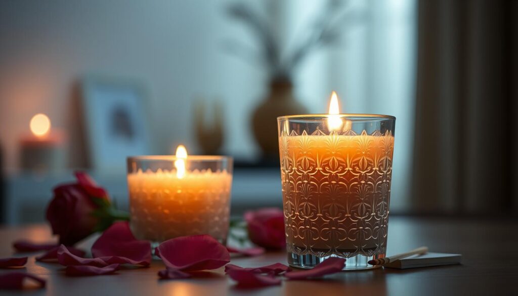 A beautifully arranged soy wax candle nestled within an elegant, reusable glass container, showcasing intricate patterns reflecting light. The foreground features the candle, with its cotton wick gently flame-lit, casting a warm, inviting glow. In the middle ground, decor elements like soft rose petals and a stylish matchbook are scattered, enhancing the romantic atmosphere. The background fades to a blurred, dimly lit setting that suggests a cozy, intimate room with minimalistic decor. The soft, ambient lighting creates a tranquil mood, with highlights dancing off the glass surface. Use a macro lens effect to capture the delicate textures and details of the candle and glass, emphasizing the serenity perfect for a romantic night.