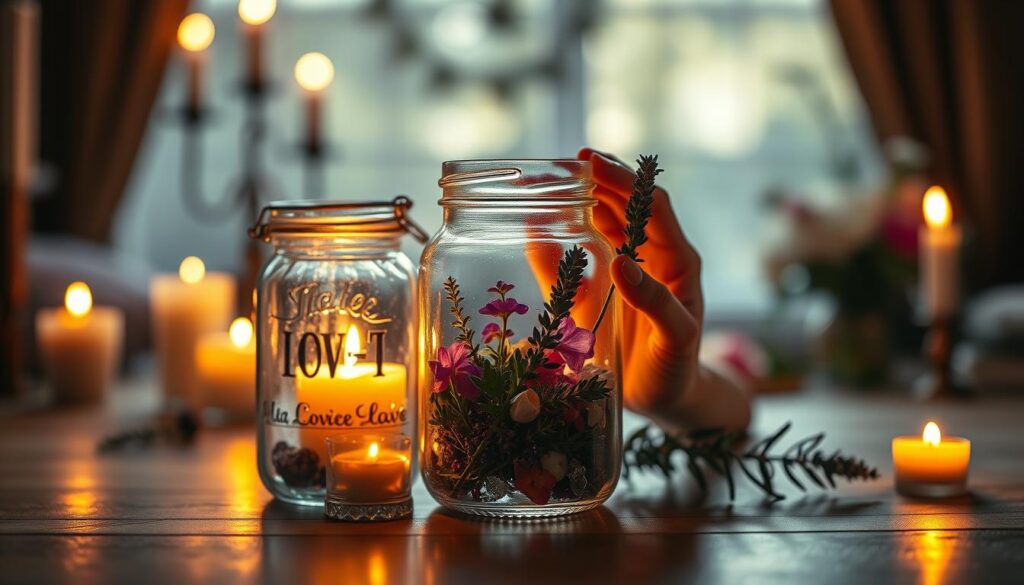 A beautifully arranged spell jar sits in a soft-focus foreground, filled with vibrant herbs and crystals that symbolize love and attraction. The jar is delicately illuminated by warm, soft lighting that casts gentle reflections, creating an inviting ambiance. In the middle ground, a pair of elegant, Caucasian hands gently places a sprig of lavender beside the jar, signifying intention and care. The background features a softly blurred setting of a cozy room, adorned with mystical elements like candles and fresh flowers, enhancing the magical atmosphere. The image embodies a sense of serenity and purpose, reflecting the ethics of love spells while radiating positive energy and hope for love attraction. The overall mood is warm and enchanting, inviting viewers to reflect on their own intentions.