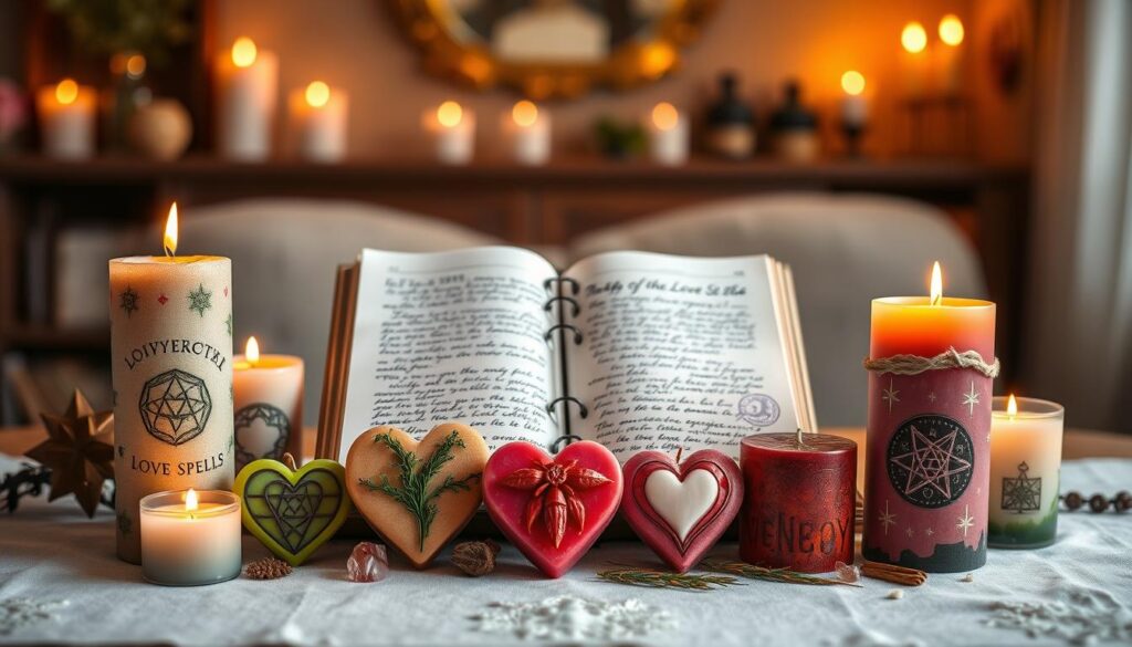 A beautifully arranged table featuring various candle templates designed for love spells. In the foreground, a selection of colorful candles in heart and pillar shapes, each adorned with herbs and crystals, showcasing intricate patterns and symbols for different love goals. The middle ground presents an open spell book, pages illuminated by the soft glow of the candles, with handwritten notes on corresponding spells. In the background, a softly blurred backdrop of a cozy, dimly lit room with warm, inviting colors enhances the magical atmosphere. The scene should convey a sense of tranquility and hope, with gentle shadows cast by the flickering candlelight, captured with a warm, soft-focus lens to evoke a sense of mystique and enchantment.