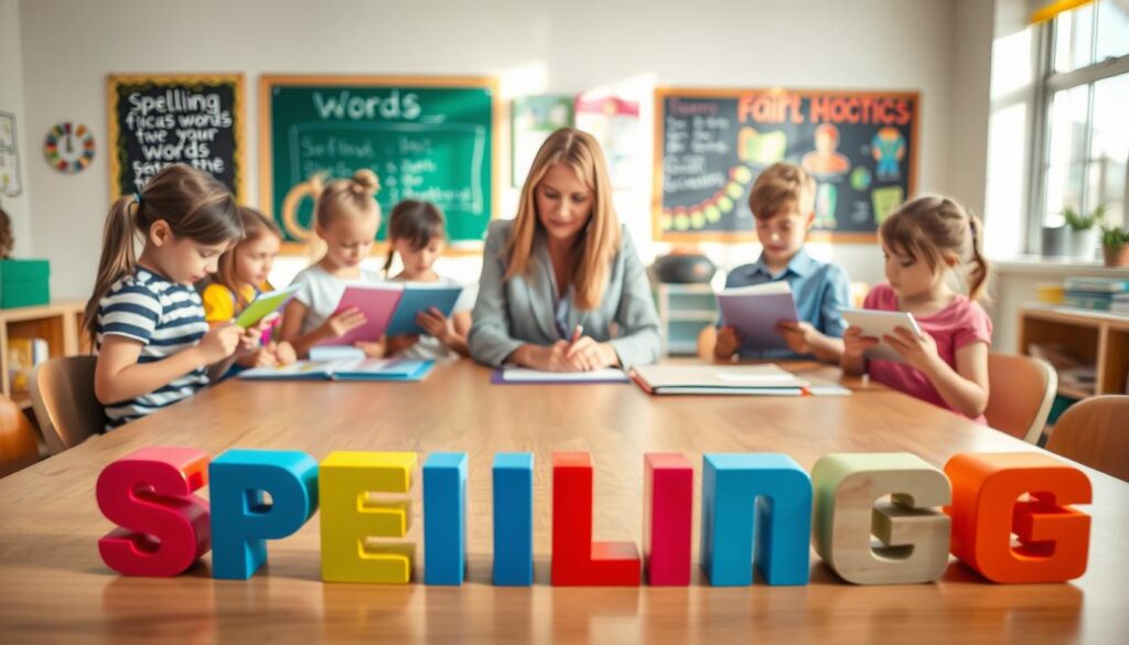 A beautifully arranged table in a bright, well-lit classroom setting, focusing on a variety of colorful alphabet letters, with "spelling" formed prominently in the foreground using vibrant wooden blocks. In the middle ground, a teacher, a Caucasian woman in professional attire, is engaging with a group of enthusiastic children holding notebooks and looking at the letters, showcasing a sense of learning and curiosity. The background features a cheerful educational environment with a chalkboard and educational posters about words and spelling. Soft, natural lighting filters through the windows, creating an inviting and warm atmosphere that emphasizes the joy of learning and discovery in spelling. A beautifully arranged table in a bright, well-lit classroom setting, focusing on a variety of colorful alphabet letters, with "spelling" formed prominently in the foreground using vibrant wooden blocks. In the middle ground, a teacher, a Caucasian woman in professional attire, is engaging with a group of enthusiastic children holding notebooks and looking at the letters, showcasing a sense of learning and curiosity. The background features a cheerful educational environment with a chalkboard and educational posters about words and spelling. Soft, natural lighting filters through the windows, creating an inviting and warm atmosphere that emphasizes the joy of learning and discovery in spelling.