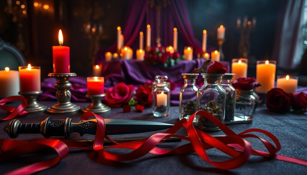 A beautifully arranged table set for a love binding ritual, featuring essential tools such as a polished obsidian dagger, vibrant red candles flickering softly, and intricate crystal vials filled with various herbs. In the foreground, delicate ribbons in shades of red and gold are gracefully intertwined. The middle ground shows a mystical altar draped with rich purple fabric and adorned with fresh roses, symbolizing love and passion. The background is filled with softly glowing candles and a darkened room illuminated by warm, ambient lighting, casting gentle shadows that create a mystical atmosphere. A dreamy, ethereal quality pervades the scene, inviting viewers to explore the depth and intimacy of the ritual. Use a close-up lens to enhance the details, focusing on the textures of the materials and the interplay of light and shadow.