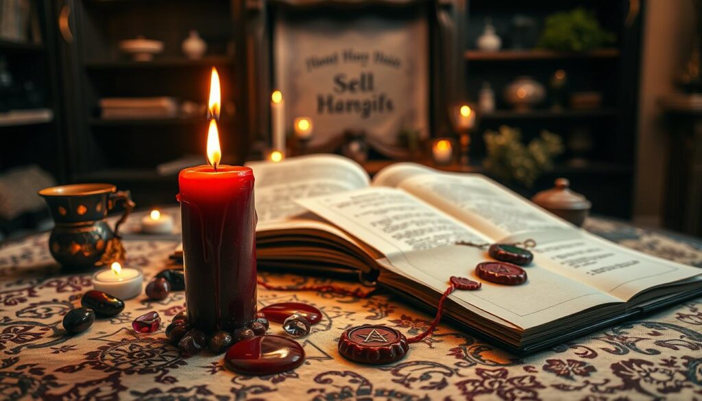 A beautifully arranged table setting for a candle magic ritual. In the foreground, a lit, dark red candle melts, pooling wax drips artistically onto an ornate, patterned cloth. Surrounding the candle are polished gemstones and small, mystical symbols glowing softly. In the middle ground, a carefully wax-sealed envelope with an intricate seal rests next to an open spell book with delicate pages. The background reveals a softly lit room with dark wooden shelves filled with magical artifacts and herbs, enhancing the atmosphere. Warm, ambient lighting casts gentle shadows, creating an inviting, mystical feel. The overall mood is enchanting and focused, evoking a sense of quiet intention.