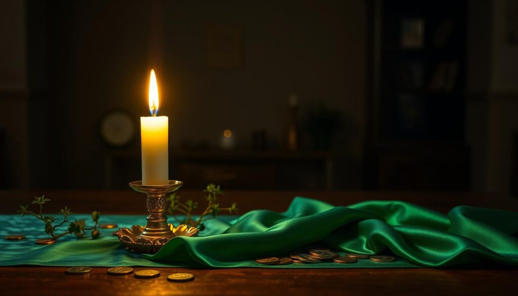A beautifully arranged table with a single lit candle at the forefront, casting a warm, flickering light. The candle, crafted from ivory wax, is encased in an ornate golden holder, surrounded by small green plants symbolizing growth and prosperity. In the middle ground, a delicate silk cloth in emerald green drapes elegantly, complementing the candle's glow, while subtle hints of scattered coins and crystals reflect the light, enhancing the theme of wealth. In the background, a dimly lit room with soft shadows creates an intimate, mystical atmosphere, suggesting a space where spells are cast. The overall mood is serene and inviting, evoking a sense of tranquility and focused intention. Natural soft lighting enhances the scene, simulating a warm, candlelit ambiance.