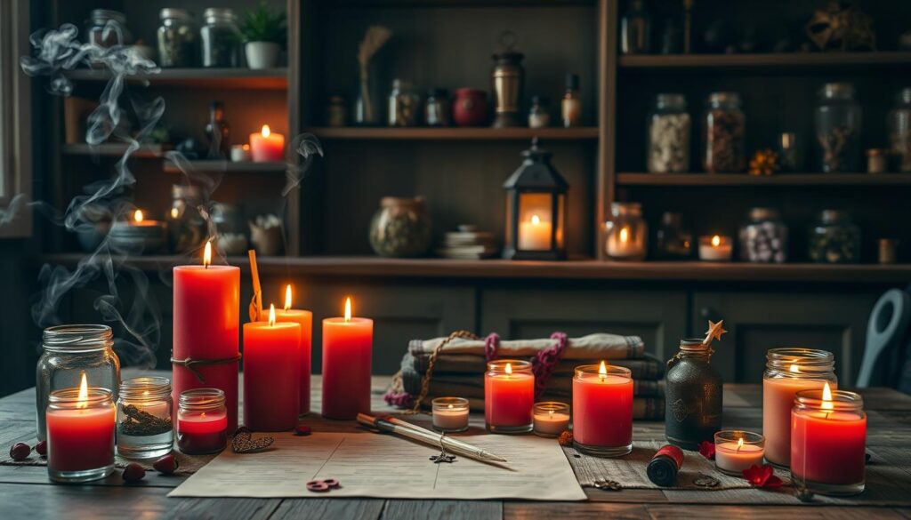 A beautifully arranged tabletop for love spell preparation, set in a softly lit, cozy space. In the foreground, a variety of candles in shades of red and pink flicker warmly, surrounded by delicate glass jars filled with essential oils. A stack of parchment paper and quills sit beside symbolic charms like hearts and stars. In the middle ground, a rustic wooden table enhances the mystical atmosphere, while faint smoke wisps rise gently from the candles. The background features subtle shelves filled with jars of herbs and crystals, softly illuminated by a glowing lantern. The overall mood is enchanting and inviting, ideal for magical intentions, invoking feelings of love and warmth.