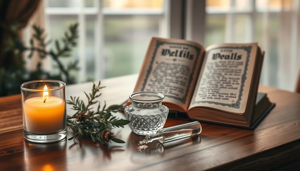 A beautifully arranged tabletop scene showcasing elements for breaking a love spell. In the foreground, a polished wooden table holds a flickering candle surrounded by fresh herbs like rosemary and sage, along with a small crystal bowl filled with sea salt. A delicate glass vial containing a shimmering liquid sits nearby, reflecting the candlelight. In the middle ground, a vintage spellbook with ornate illustrations is slightly open, revealing pages with handwritten notes. Soft, warm lighting creates an inviting atmosphere, while the background features a softly blurred window with sheer curtains, hinting at a tranquil outdoor garden. The mood is serene and mystical, designed to evoke curiosity and a sense of empowerment in the viewer.