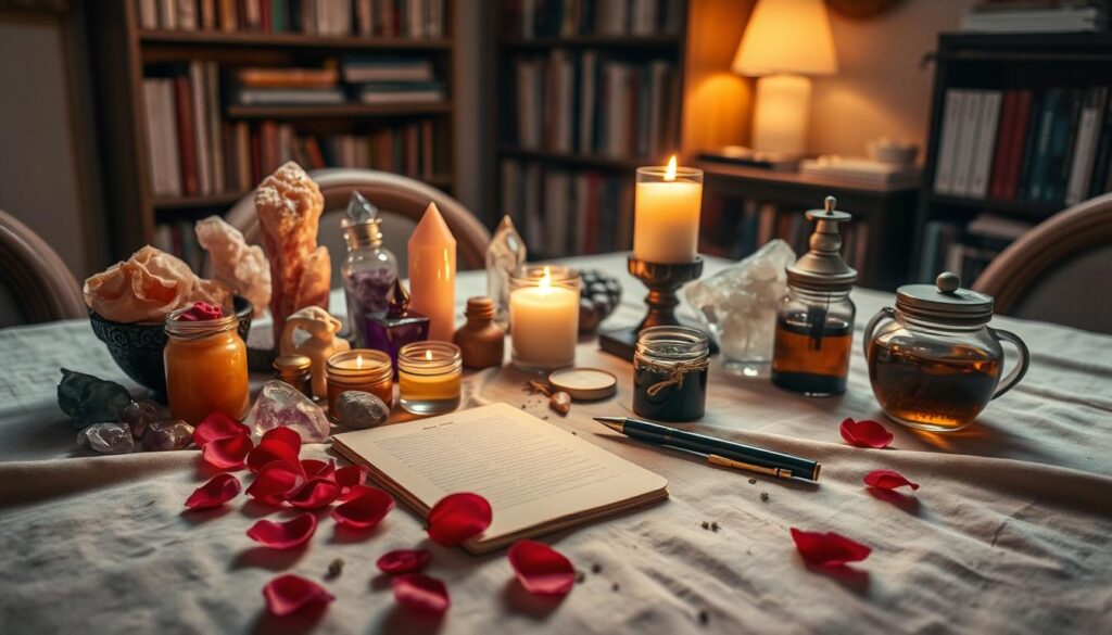 A beautifully arranged tabletop showcasing various tools and ingredients for love spells. In the foreground, a soft, worn cloth displays an array of colorful crystals, candles, and small jars filled with herbs and oils. Scattered on the cloth are rose petals and a quaint notebook with a pen. The middle ground features a softly glowing candle, casting warm light that reflects off the crystal surfaces, creating a magical ambiance. In the background, gentle shadows play against a cozy, dimly lit room with shelves filled with books on spirituality and magic. The scene conveys a sense of serenity and mystery, with a focus on natural elements and the art of spell casting. Use soft, diffused lighting to enhance the inviting and enchanting atmosphere.