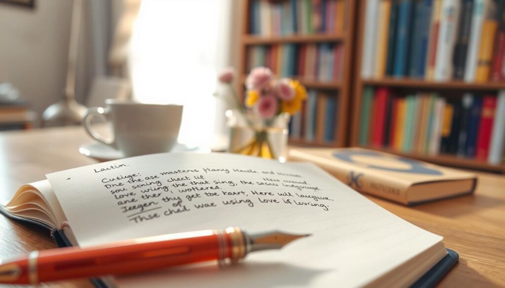 A beautifully arranged workspace featuring an open notebook filled with handwritten sentences using the word "love." In the foreground, a delicate fountain pen rests beside the notebook, glistening under soft, warm lighting. The middle layer showcases a cozy setup with a cup of steaming herbal tea and a small vase of fresh flowers, adding a touch of warmth and inspiration. In the background, a softly blurred bookshelf filled with colorful books creates an inviting atmosphere. The image should evoke a sense of creativity and tranquility, capturing the essence of mastering language. Use a shallow depth of field to focus on the notebook and the pen, while the lighting is bright yet soft, suggesting a serene and encouraging environment for learning.