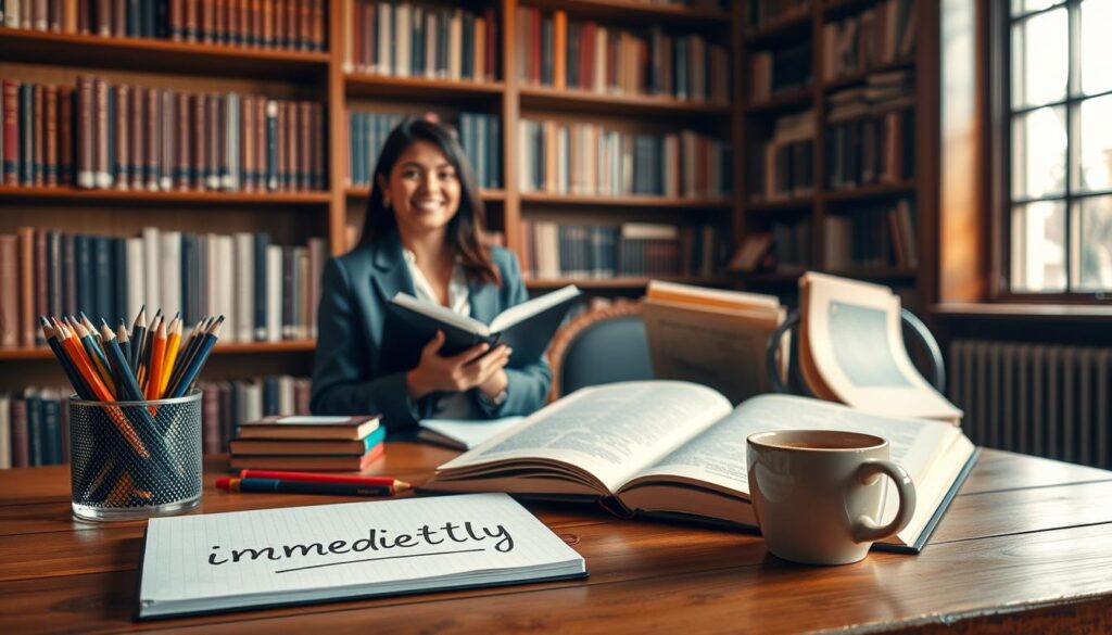 A beautifully arranged workspace focused on the concept of "immediately." In the foreground, a wooden desk displays an open notebook with the word "immediately" elegantly written in cursive, surrounded by colored pencils and a steaming cup of coffee. In the middle ground, a confident Caucasian woman in professional attire, smiling, is engaging with educational materials, gesturing towards a large vintage dictionary that sits on a nearby shelf filled with language books. The background features a cozy library setting, with warm wooden shelves lined with books, softly illuminated by warm, ambient lighting from a nearby window, creating a calm and inviting atmosphere. The mood should be inspiring and encouraging, embodying the essence of learning and understanding.