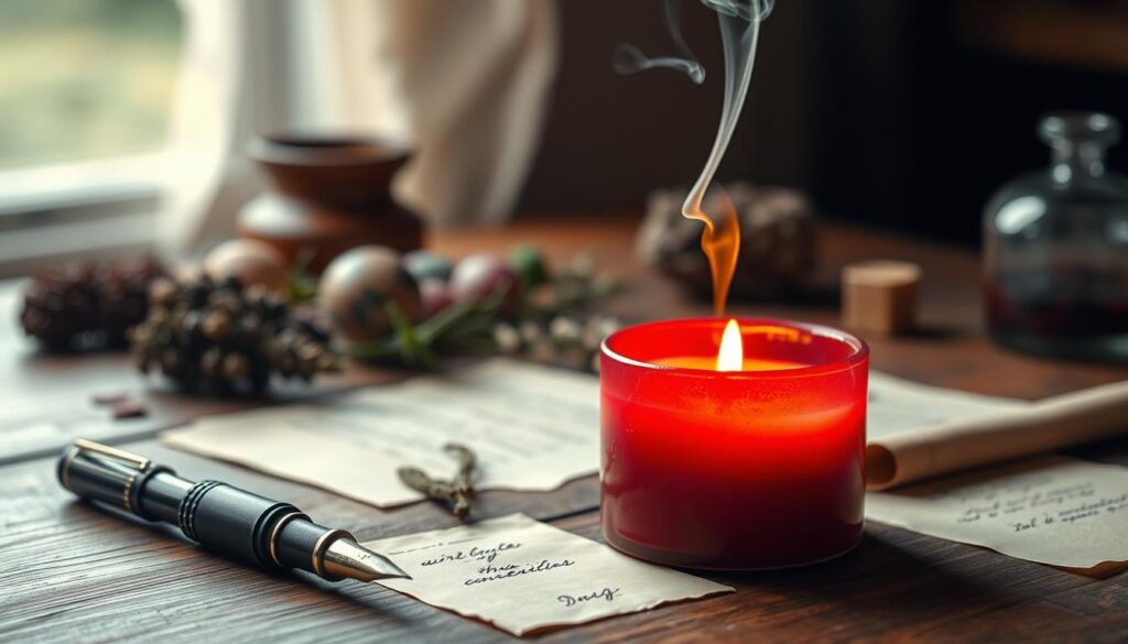 A beautifully crafted candle sits prominently in the foreground, its rich, deep red wax glowing warmly against a soft, dark wood table. Wisps of delicate smoke curl upwards, hinting that it has just been lit. Surrounding the candle are scattered pieces of parchment paper and a vintage fountain pen, their textures adding a sense of history to the scene. In the background, softly blurred, there are gentle hints of herbs and crystals, creating a mystical ambiance without drawing attention away from the main focus. The lighting is warm and inviting, casting soft shadows that enhance the intimate atmosphere. The mood is serene and enchanting, perfect for love and intention-setting, inviting the viewer to engage in the ritualistic setting depicted.