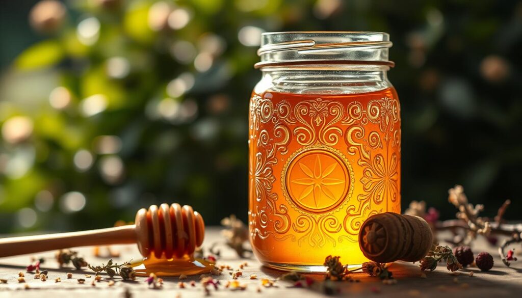 A beautifully crafted glass honey jar, filled with golden, glistening honey, sits prominently in the foreground. The jar has an ornate, vintage design with intricate patterns etched into the glass, catching the light. Next to the jar, there's a wooden honey dipper, glistening with honey, and a scattering of dried herbs and flowers hinting at their magical properties. In the middle ground, soft, warm light filters through, creating an inviting and mystic atmosphere. The backdrop features out-of-focus greenery, suggesting a serene, magical natural setting. The overall mood is enchanting and calm, perfect for evoking the traditional “honey jar” magick. The image is illuminated by soft, natural light, with a slight vignette effect for depth, captured from a slightly elevated angle to enhance the jar's beauty.