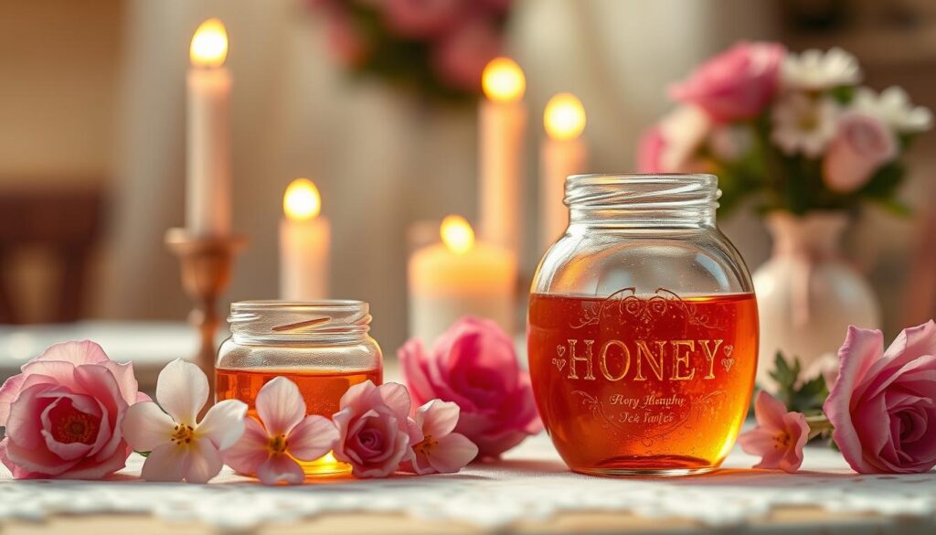 A beautifully crafted glass honey jar sits at the forefront, glistening in the warm, golden light. The jar is filled with rich, amber honey, its surface reflecting soft glimmers. Surrounding the jar are fresh flowers in shades of pink and white, symbolizing love and romance. In the middle ground, soft-focus candles flicker gently, casting a warm glow and creating a cozy atmosphere. In the background, a blurred table setting is subtly adorned with delicate lace and more floral arrangements, adding elegance. The overall scene is imbued with a serene and magical ambiance, evoking feelings of warmth, affection, and enchantment. The lighting is soft and diffused, with a slight bokeh effect to enhance the dreamy quality of the image.