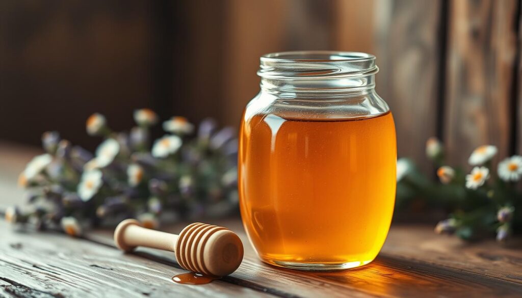 A beautifully crafted glass honey jar sits elegantly on a rustic wooden table, glistening under soft, warm light. The jar is filled with golden, thick honey, reflecting its rich texture, with a delicate wooden dipper resting gently beside it. In the background, subtle hints of wildflowers and herbs, such as lavender and chamomile, suggest a connection to natural ingredients often used in love work. The setting is cozy and inviting, with a blurred warm bokeh effect that enhances the dream-like quality of the scene. The atmosphere conveys a sense of warmth and romance, perfect for the theme of love and magic, capturing the essence of honey as a sweet and powerful element in love spells.