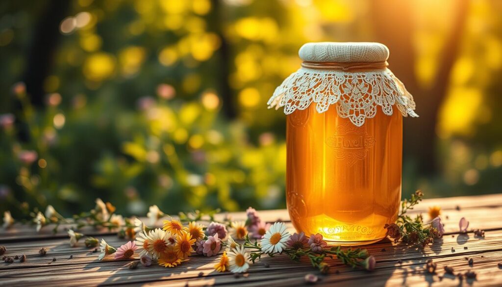 A beautifully crafted glass honey jar sits elegantly on a rustic wooden table, with golden honey glistening inside. The jar is adorned with a delicate lace cover, emphasizing a touch of charm. Surrounding the jar, scattered around are vibrant wildflowers and fresh herbs, creating a sense of natural beauty and harmony. In the background, soft green foliage gently blurs into a dreamy bokeh, illuminated by warm, ambient sunlight filtering through trees, giving a peaceful and magical atmosphere. The scene is captured from a slightly elevated angle, allowing a glimpse of the honey’s reflective surface. The overall mood is inviting and romantic, perfect for evoking feelings of love and connection.
