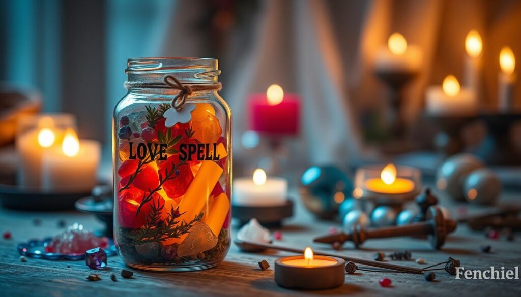 A beautifully crafted glass jar sits at the forefront, filled with vibrant, colorful ingredients like crystals, herbs, and candles reflecting a love spell theme. The jar should be adorned with a delicate string and a small label, suggesting a personal touch. Surrounding the jar in the middle ground are various tools such as a small wooden spoon, a crystal ball, and decorative pins, adding depth and context. In the soft background, an inviting, ethereal setting is illuminated by warm, gentle candlelight that casts flickering shadows. The atmosphere evokes a sense of magic and serenity, suggesting a cozy space for spell crafting. The overall composition is captured from a slightly elevated angle, with a shallow depth of field to emphasize the jar as the focal point while the surrounding elements softly blur into the background.