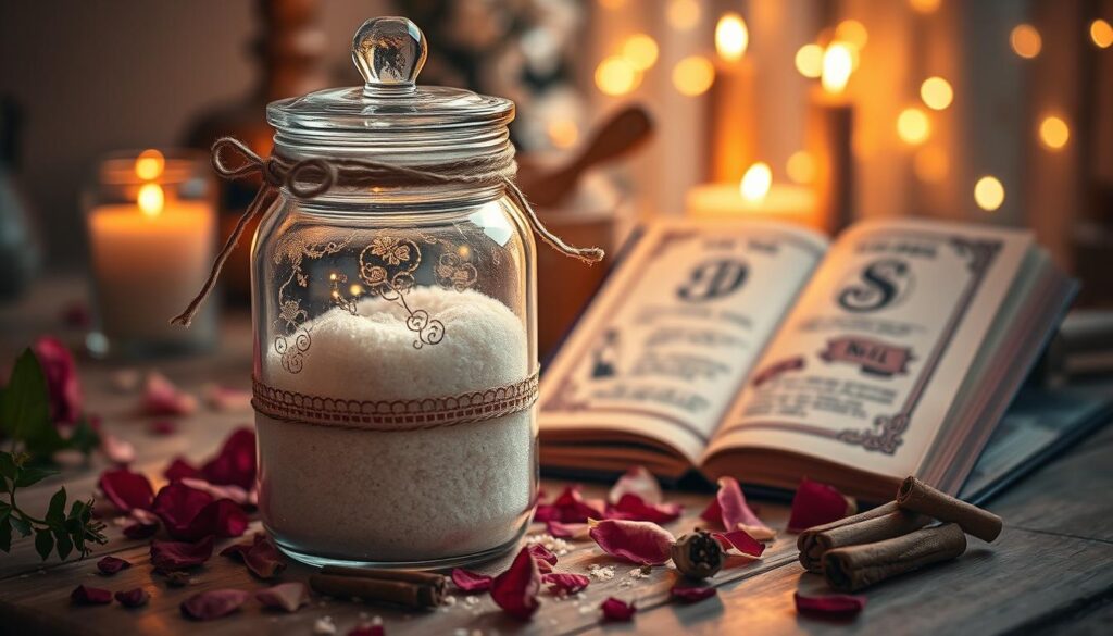 A beautifully crafted glass sugar jar sits prominently in the foreground, glistening with reflections of soft, warm light. The jar is filled with granulated sugar, and decorated with delicate lace and twine, evoking a sense of enchantment. Surrounding the jar, vibrant herbs like dried rose petals and cinnamon sticks are scattered, symbolizing warmth and attraction. In the middle ground, a cozy workspace features softly glowing candles and an open spell book with illustrations of love spells, creating an inviting atmosphere. The background is adorned with gentle bokeh effects from softly blurred fairy lights, adding to the magical vibe. The image should be illuminated with warm, golden lighting, enhancing the mood of intimacy and connection, captured from a slightly elevated angle to showcase the details of the jar and its enchanting surroundings.