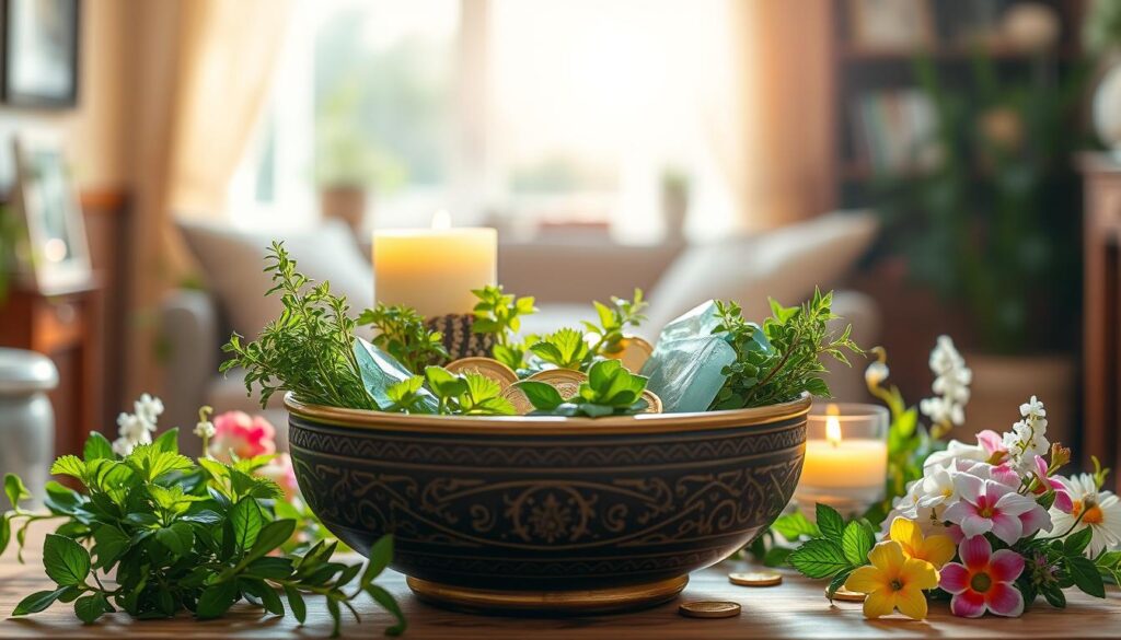 A beautifully crafted home energy bowl sits prominently in the foreground, filled with an assortment of vibrant green herbs, shimmering crystals, and gold coins to symbolize wealth. The bowl is intricately designed, featuring mystical patterns etched into its surface. In the middle ground, soft candles cast a warm, flickering light, enhancing the magical atmosphere. Surrounding the bowl, lush plants and fragrant flowers create a sense of abundance and prosperity. In the background, gently blurred, a cozy, sunlit room reflects a peaceful, inviting mood, with warm wooden accents and light streaming through sheer curtains. The image is illuminated with a soft, ethereal glow, focusing attention on the bowl while evoking feelings of tranquility and opulence. The composition suggests a harmonious balance of nature and energy, perfect for enhancing spells of wealth.