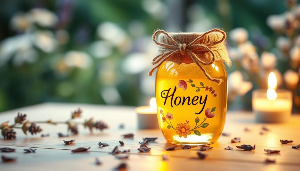 A beautifully crafted honey jar charm sits elegantly in the foreground, glistening in the warm, soft light that creates a cozy atmosphere. The jar is filled with golden honey, adorned with delicate, hand-painted floral designs, and topped with a rustic twine bow. Surrounding the jar are scattered dried lavender petals and small glowing candles, enhancing the enchanting vibe. In the middle ground, a light, wooden table adds texture and warmth to the scene, while in the background, a softly blurred garden with lush greenery and gentle blooms creates a serene backdrop. The image is captured with a shallow depth of field, focusing closely on the jar, evoking feelings of love, harmony, and sweetness.