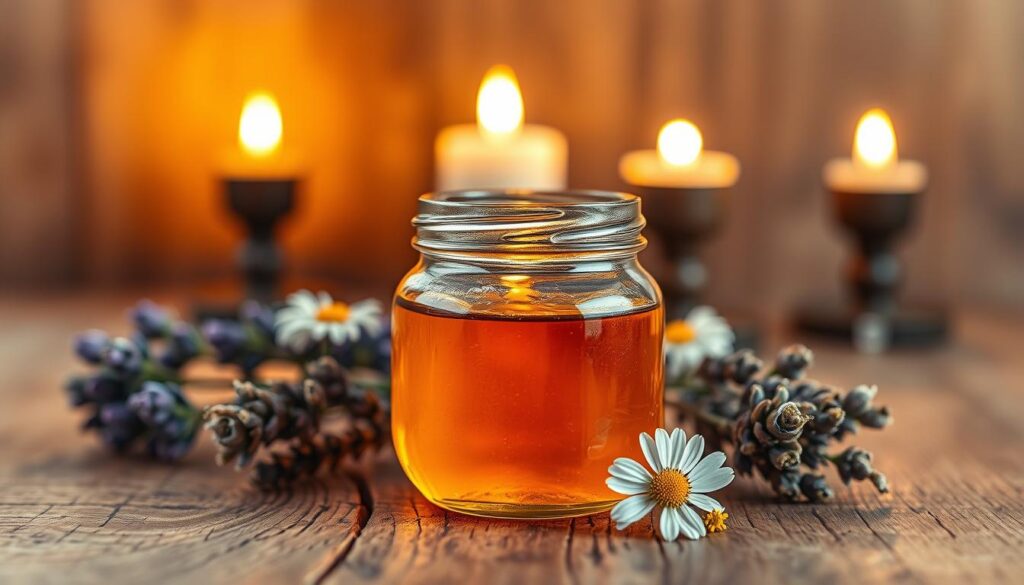 A beautifully crafted honey jar made of clear glass, filled with golden, viscous honey, sits in the foreground, capturing the light and reflecting warm, amber tones. In the middle ground, soft, flickering candle flames illuminate the scene, casting a gentle glow that enhances the warm atmosphere. Surrounding the jar, delicate flowers such as lavender and chamomile are arranged, symbolizing harmony and healing. The background features a softly blurred, rustic wooden table, giving a sense of earthiness and tranquility. The overall mood is serene and inviting, perfect for love and forgiveness rituals. The lighting is warm and soft, creating an intimate, peaceful setting, reminiscent of a cozy evening gathering.