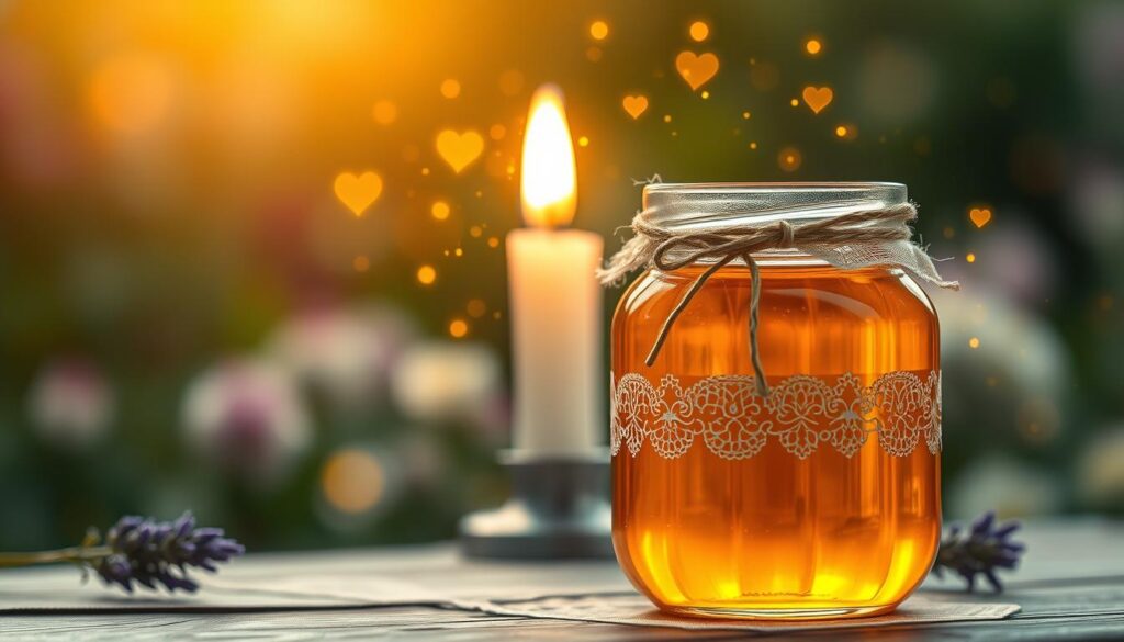 A beautifully crafted honey jar sits at the forefront, its glass surface glistening and reflecting warm golden hues. The jar is adorned with delicate lace and a sprig of lavender tied around the lid, suggesting a sense of care and intention. In the middle ground, a glowing candle flickers, casting soft light that enhances the enchanting atmosphere. Surrounding the jar, ethereal sparks of golden light swirl gently, symbolizing magical energy connecting hearts from afar. The background features a blurred garden scene with soft bokeh effects, enhancing the feeling of intimacy and warmth. The overall mood is romantic and inviting, with a gentle, warm color palette that evokes a sense of love and connection. The image captures the essence of healing and sweetness, inviting viewers to feel the magic of strengthening bonds.