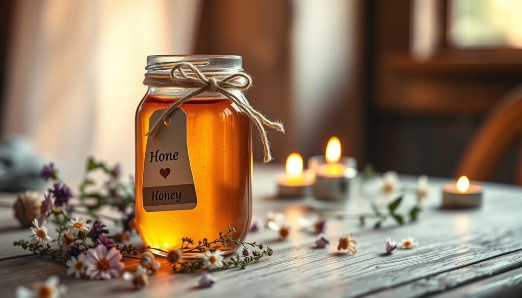 A beautifully crafted honey jar sits prominently in the foreground, its glass surface reflecting soft, warm light that highlights the rich amber color of the honey inside. The jar is adorned with a delicate, rustic twine bow and a small label that hints at the notion of love spells. Surrounding the jar are scattered wildflowers and fresh herbs, adding a touch of nature and sweetness to the scene. In the middle ground, gently blurred, are sparkling crystals and small, vibrant candles, enhancing the magical atmosphere. The background features a softly lit wooden table, creating a cozy and inviting feel, bathed in a warm, golden glow. The overall mood is enchanting and whimsical, perfect for invoking feelings of love and sweetness.