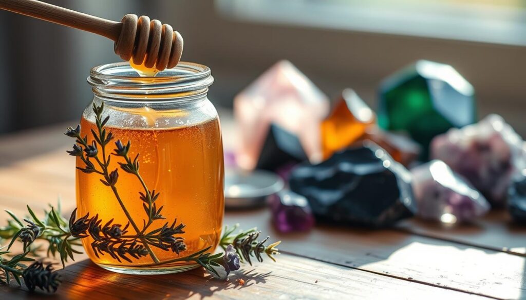 A beautifully crafted honey jar symbolizing protection sits prominently in the foreground. The jar is adorned with shimmering golden honey and surrounded by delicate herbs like rosemary and lavender, which are known for their protective properties. Soft natural light illuminates the scene, creating a warm, inviting glow that highlights the honey's golden hue. In the middle ground, a blurred selection of colorful crystals, like amethyst and obsidian, adds depth and reinforces the theme of protection. The background features a softly focused wooden table, enhancing the organic feel of the image. The overall atmosphere is serene and mystical, evoking a sense of calm and security, ideal for enhancing the topic of love spell jars.