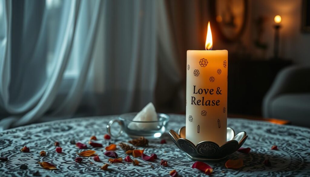 A beautifully crafted love binding release candle, elegantly situated on an intricately designed altar. The candle is adorned with delicate symbols of release and tranquility, glowing softly with a warm, flickering flame that casts gentle shadows. In the foreground, a few dried herbs and petals are artfully scattered, enhancing the mystical atmosphere. The middle ground features a soothing arrangement of crystals and a small bowl of water, reflecting the candle's light. In the background, a dimly lit room introduces ethereal curtains lightly flowing with a breeze, adding to a sense of serenity. The overall ambiance conveys safety and peace, inviting reflection and introspection. The lighting is soft and calming, creating a harmonious and inviting mood.