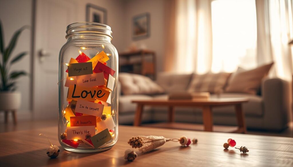 A beautifully crafted love jar sits in the foreground, its glass body sparkling under warm, soft lighting. The jar is filled with colorful slips of paper, each inscribed with heartfelt messages and affirmations. Surrounding the jar are small, decorative items like dried flowers and twinkling fairy lights, enhancing its charm. In the middle ground, a cozy, well-decorated living room can be seen, featuring plush cushions and a wooden coffee table. The warm color palette evokes a sense of intimacy and connection. In the background, soft sunlight filters through sheer curtains, creating a tranquil and inviting atmosphere. The image captures a serene moment of togetherness, perfect for a daily connection at home.
