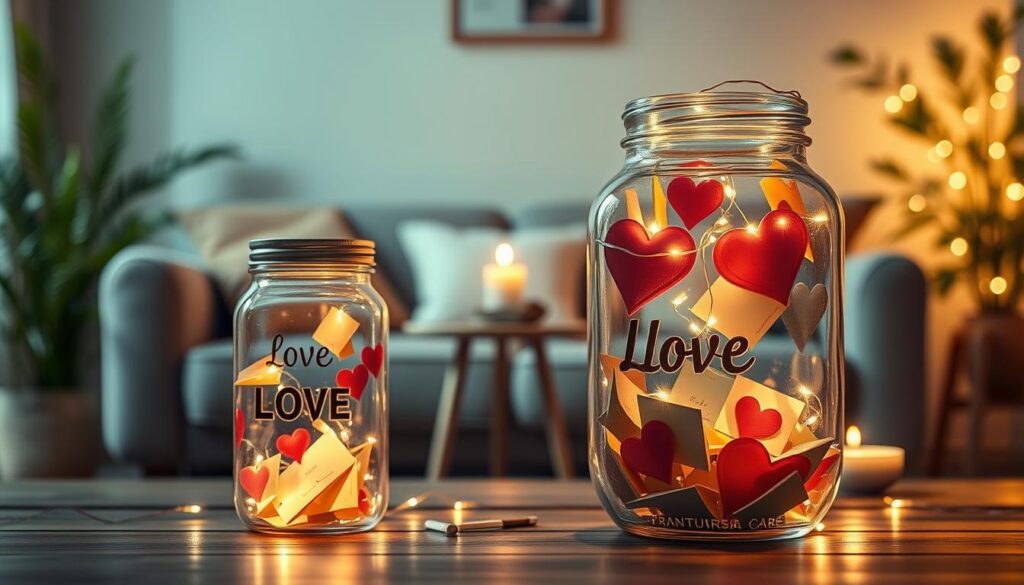 A beautifully crafted love jar sits prominently in the foreground, filled with colorful notes and tokens symbolizing love and care. The glass jar features delicate engravings of hearts and is surrounded by soft, glowing fairy lights that create a warm ambiance. In the middle ground, an inviting cozy space is portrayed, with a comfortable sofa adorned with plush cushions and a small side table holding a lit candle, exuding warmth. In the background, gentle greenery and soft pastel colors blend together, suggesting a peaceful home environment. The lighting is soft and ethereal, casting a gentle glow around the love jar, enhancing its significance. The mood is intimate and nurturing, reflecting the rhythm of a loving relationship. The scene evokes feelings of connection and care, perfect for illustrating the theme of nurturing love.