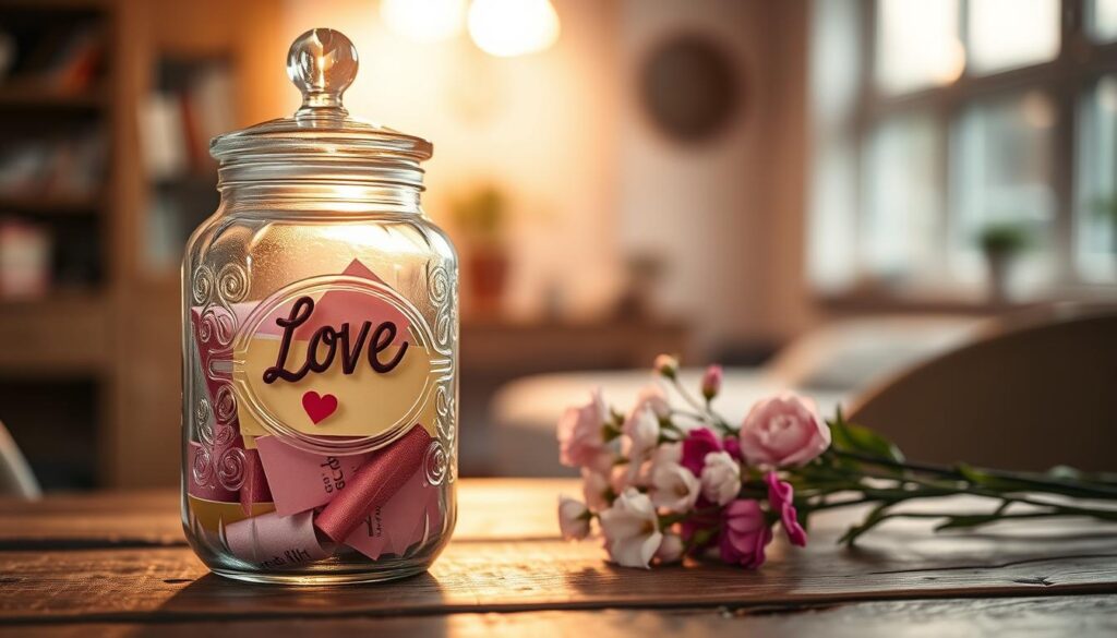 A beautifully crafted love jar sits prominently in the foreground, made of clear glass with intricate patterns, filled with colorful notes representing love messages. Surrounding the jar are delicate, blooming flowers in soft pastel colors, adding a romantic touch. The middle ground showcases a rustic wooden table, slightly aged, suggesting warmth and intimacy. In the background, a softly blurred, cozy interior space with warm lighting creates a soothing atmosphere, hinting at an inviting home environment. The scene is captured with a soft focus lens to enhance the emotional depth, bathed in golden hour light that casts gentle shadows, evoking feelings of love and connection. Overall, the image conveys warmth, tenderness, and the power of heartfelt communication.