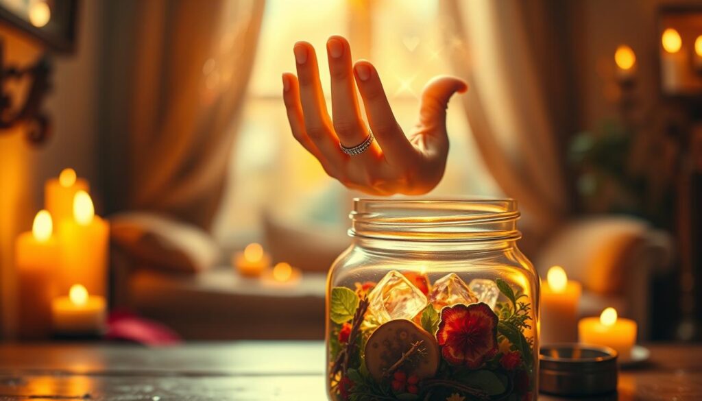 A beautifully crafted love spell jar glowing with ethereal energy, foreground features the jar filled with vibrant herbs, crystals, and shimmering oils, all arranged artfully. The jar is transparent, allowing the soft, golden light to reflect off its surfaces, emanating a warm aura. In the middle of the scene, a delicate hand, adorned with subtle silver rings, hovers above the jar, with soft, radiant energy swirling gracefully around it, suggesting the act of charging it. The background is a softly blurred image of a cozy, enchanted room filled with candlelight and gentle shadows, creating an intimate and magical atmosphere. The lighting is warm and inviting, enhancing the enchanting feel, while maintaining a focus on the jar and the energy being invoked.