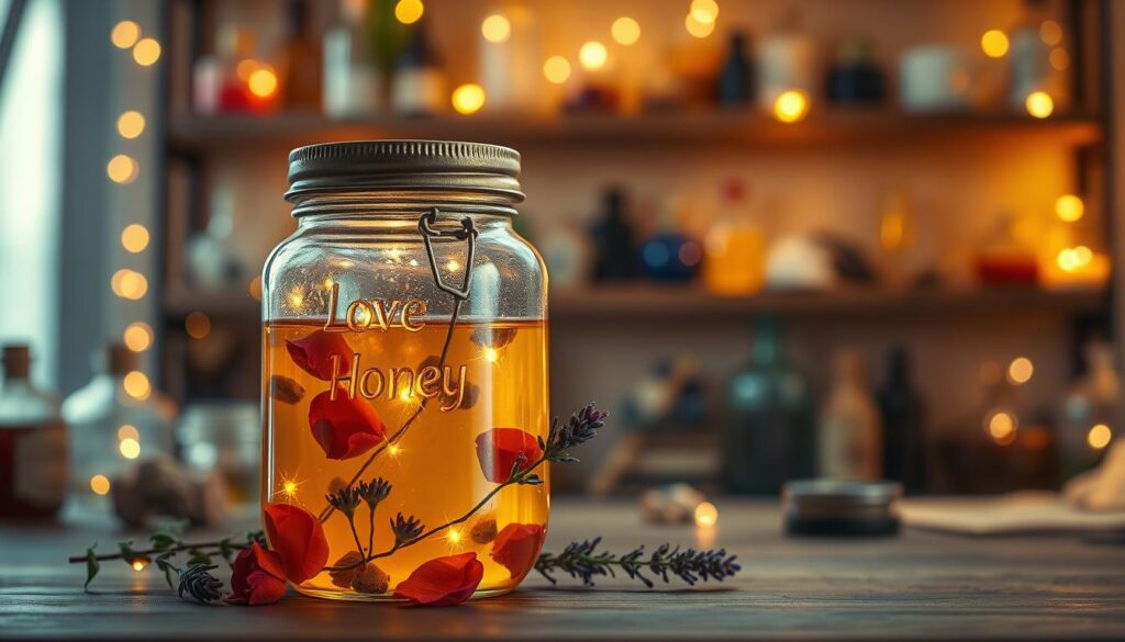 A beautifully crafted love spell jar sits prominently in the foreground, filled with golden honey and adorned with vibrant herbs like rose petals and lavender. The jar is made of clear glass, allowing the soft light to reflect off the honey's viscous surface. Delicate twinkling fairy lights are embedded around the jar, casting a warm glow that enhances the magical ambiance. In the middle background, softly blurred shelves lined with various potion ingredients and crystals create an enchanting and mystical atmosphere. The soft focus highlights the jar as the main subject. The lighting is warm and inviting, resembling a cozy magical workspace, with the overall mood being romantic and spellbinding. The shot captures the jar from a slightly elevated angle, emphasizing its intricate details and inviting charm.
